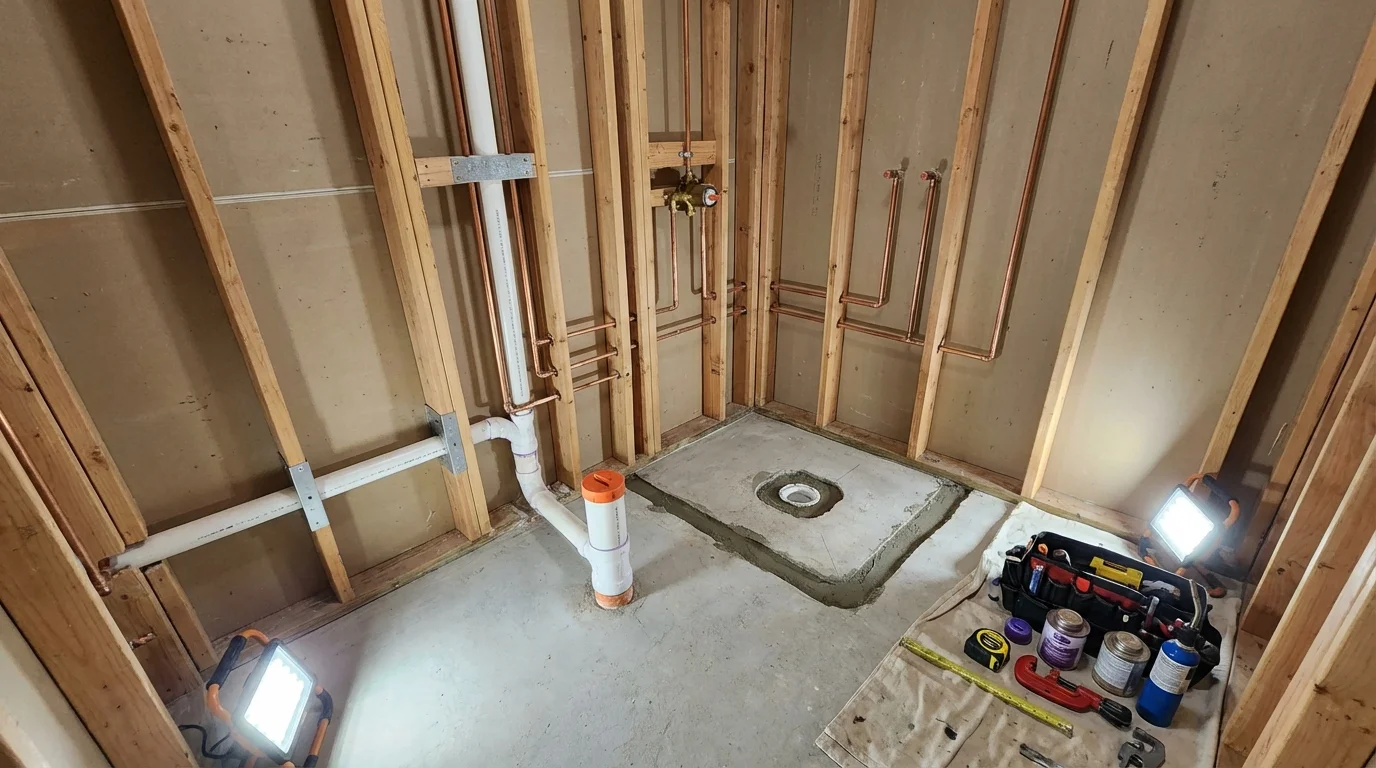 Bathroom rough-in plumbing during remodel by Johns Plumbing LLC in Birdsboro
