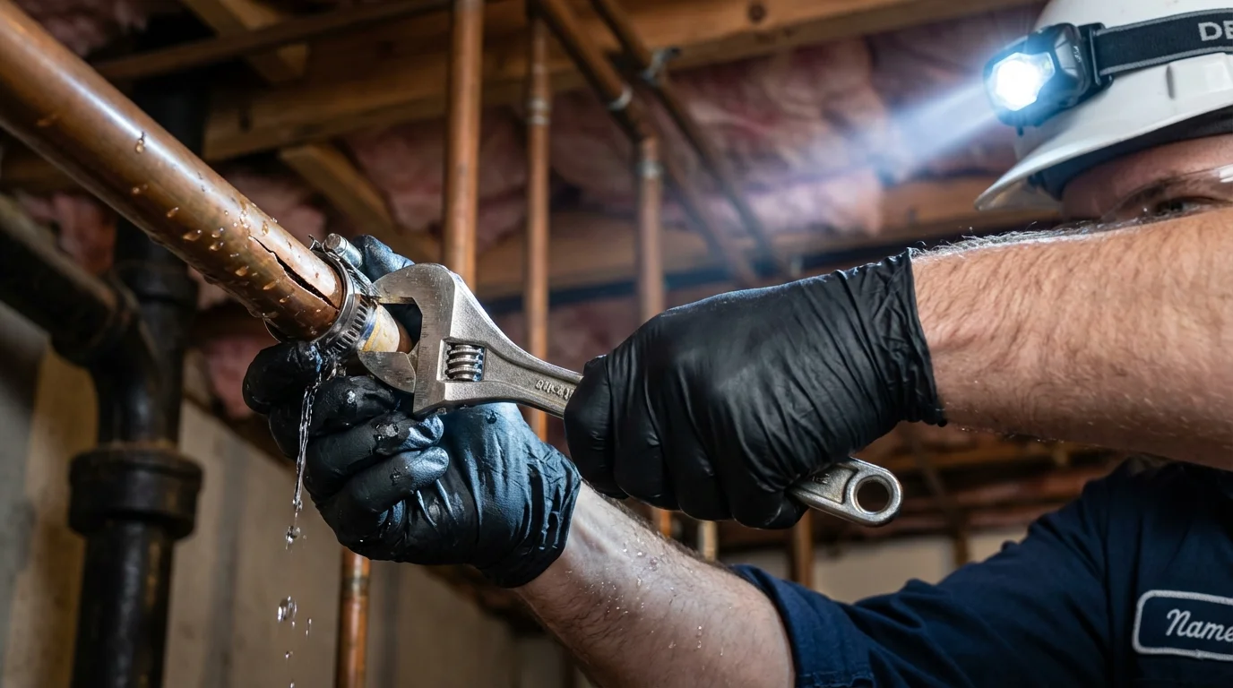 Emergency pipe clamp repair being performed by a Johns Plumbing LLC plumber in Birdsboro