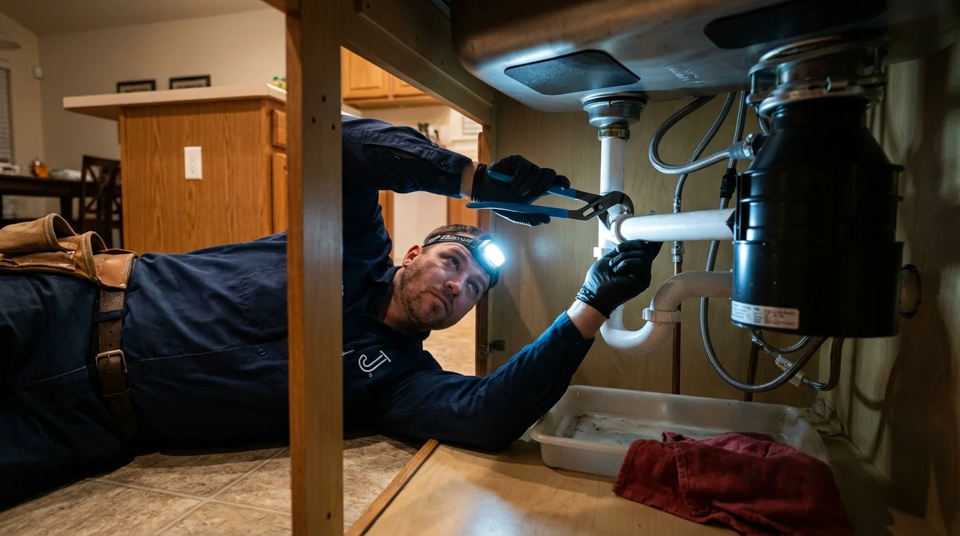 P-trap and supply line connections under a kitchen sink showing a common leak point in Birdsboro, PA